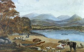 JOSEPH JOSIAH DODD watercolour - historical scene taken from the Anglesey side with farmer sheep and