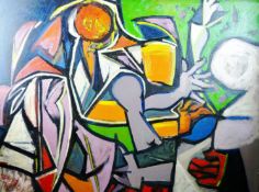 ELVET THOMAS oil on canvas - abstract scene, figure and vessels, signed, 47.5 x 60 ins (121 x 152