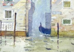 GARETH THOMAS watercolour - Venetian scene with gondola ‘Senso Unico, near Pescheria’, signed and