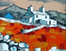 WYN HUGHES oil on board - Caernarfonshire hillside farmstead, signed and entitled verso ‘Fferm