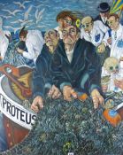 CARL F HODGSON oil on canvas, unframed - figures on the boat ‘Proteus’, signed with initials and