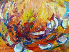 JUNE COLEMAN oil - multi-coloured abstract, signed and entitled verso ‘Regeneration 2’, 8 x 13.75