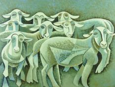 ALEX CAMPBELL acrylic on canvas - a study of eight curious Llyn sheep, signed and signed and dated