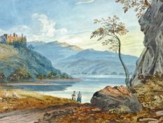 Attributed to JOHN VARLEY watercolour - lake scene with two figures on the shore and castellated
