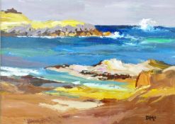 DONALD McINTYRE acrylic - dramatic rocky coastalscape, signed with initials and entitled verso ‘