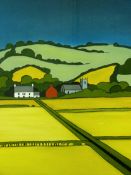 TOM JONES RCA pastel - rural scene with farmstead, church and red gabled building at Eglwysbach,