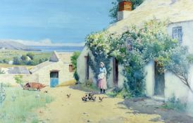 JOHN McDOUGAL watercolour - fine Anglesey coastal scene with flower bedecked farm cottage and