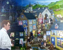 CARL F HODGSON oil on canvas - Dylan Thomas humorous village scene depiction entitled ‘Rose May’s
