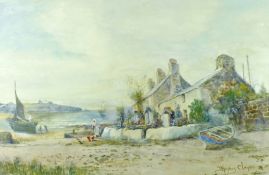 JOSEPH HUGHES CLAYTON watercolour - Anglesey coastalscape with cottages, beached boats and woman