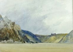 JOHN CALLOW watercolour - coastal scene with hilltop castle, signed and with title on an Abbott &