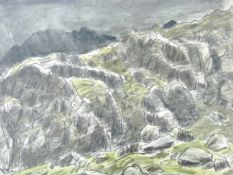 SIR KYFFIN WILLIAMS RA pencil and colourwash - dramatic Welsh mountainscape, signed with initials,