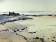JOHN MORRIS watercolour - Orkney coastalscape with farmstead, signed and entitled, 11.75 x 14.5