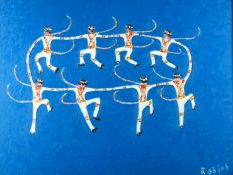 GWYNNE ROBINS oil on canvas - folk dancers performing at St Fagans, signed, 23.25 x 29.25 ins (59