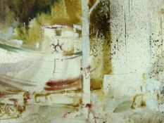 WILLIAM SELWYN watercolour - beached motor boat, signed, 17 x 22.75 ins (43 x 58 cms)