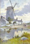 WARREN WILLIAMS ARCA fine watercolour - Anglesey windmill, at Cemaes Bay with intricate cottage