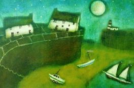 SUE MORGAN acrylic - quirky harbour scene at moonlight with boats etc, entitled label verso ‘First