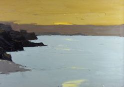 SIR KYFFIN WILLIAMS RA oil on canvas - expansive view of coastline with rocks and sunset in
