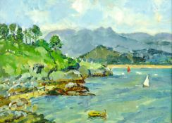 KEITH GARDNER oil on board - coastal scene, Borth-y-Gest with yachts and figures, signed, 11.25 x