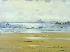 WARREN WILLIAMS ARCA watercolour - coastal scene, Black Rocks, Criccieth with Castle in the