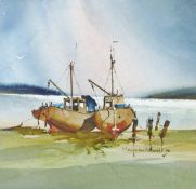 MALCOLM EDWARDS watercolour - two beached boats and a boatman in a stormy scene, signed and dated