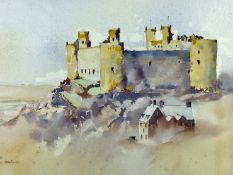 JOHN MORRIS watercolour - Harlech Castle, signed, 15 x 18.75 ins (38 x 48 cms)