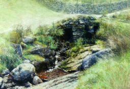 KEITH BOWEN pastel - rustic scene with old stone wall and stone bridge over a stream, signed, 19.5 x