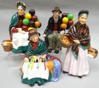 Four Royal Doulton character figures being The Old Balloon Seller (HN1315), Silks and Ribbons (