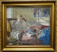 FAIRLIE HARMAR 1876-1945 oil on canvas - young lady in night-dress reclining in bed with breakfast