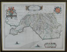 JOHAN BLAEU antique coloured map of 'Glamorgan Shire' 16.5 x 21.5 ins (41 x 54 cms)