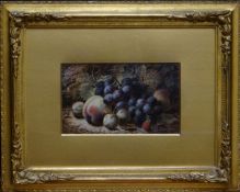 OLIVER CLARE oil on panel - entitled 'Fruit on a Mossy Bank', signed, 5.5 x 9 ins (14 x 23 cms) (