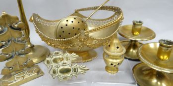 A parcel of brass items including pointed three-section letter-rack, a pair of circular candle-