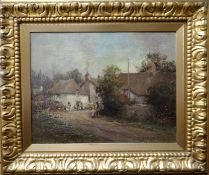 PARKER HAGARTY oil on canvas - village scene with figures and thatched cottages, 15.75 x 20.25
