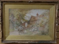 CHARLES GREGORY watercolour - village scene with donkey, cart and figures, entitled to mount '
