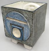 A late 1970s Troika cubic vase on four white block feet, typically textured by Alison Bennet, 7