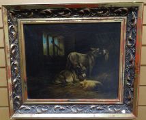 TWENTIETH CENTURY SCHOOL oil on board - interior of barn with two donkeys and a reclining pig,
