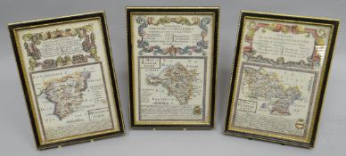 Three coloured and tinted small antiquarian road route maps for 'Glocester to Coventry', 'London