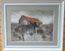 ANEURIN JONES mixed media - Welsh stone-built barn with rust-coloured roof, signed, 17.5 x 23.5