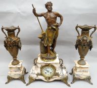 A Japy Freres pink marble and spelter clock garniture. The clock with model of 'Le Travail' after