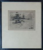 FRANK H MASON etching entitled 'Scarborough', 5.5 x 7.5 ins (14 x 19 cms) and another maritime