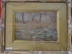 JOSEPH KIRKPATRICK watercolour - two children picking flowers in a meadow, signed, 8.25 x 12.25