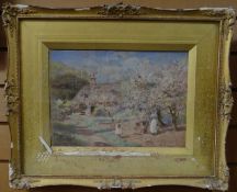 JOSEPH KIRKPATRICK watercolour - family picking apples in their cottage orchard, signed, 9.5 x 13.