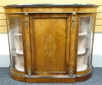 A mid-Victorian burr walnut credenza with gilt metal mounts, marquetry inlay, ebony trimming and