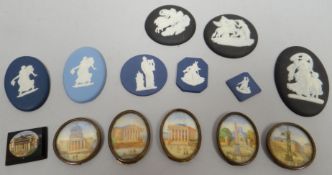 A parcel of eight miniature Wedgwood tablets, a micro-mosaic Grand Tour scene tablet and a set of