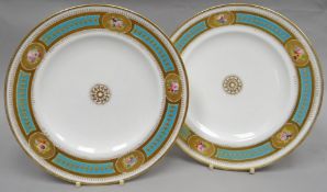 A pair of late-Victorian Staffordshire porcelain plates decorated in gilding and bird's-egg-blue and