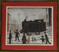 L S LOWRY coloured print entitled 'Level Crossing, 1946', signed in pencil, 19.25 x 23.5 ins (49 x