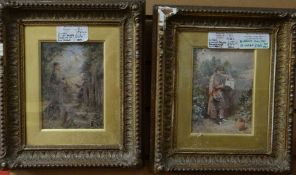 MYLES BIRKETT FOSTER pair of coloured engravings in gilt frames - country figures in rural settings,