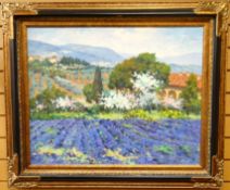 OIL ON CANVAS: Modern European School - colourful landscape with lavender fields (possibly