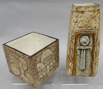 A late 1970s Troika square-based pottery vase typically decorated by Simone Kilburn, 3.5 ins high (9