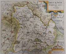 CHRISTOPHER SAXTON & ROBERT VAUGHAN a coloured and tinted antiquarian map of 'Brecknoc', 11 x 13 ins