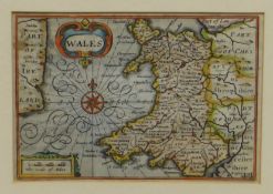A small seventeenth century coloured and tinted antiquarian map of Wales, probably Humphrey Llwyd,